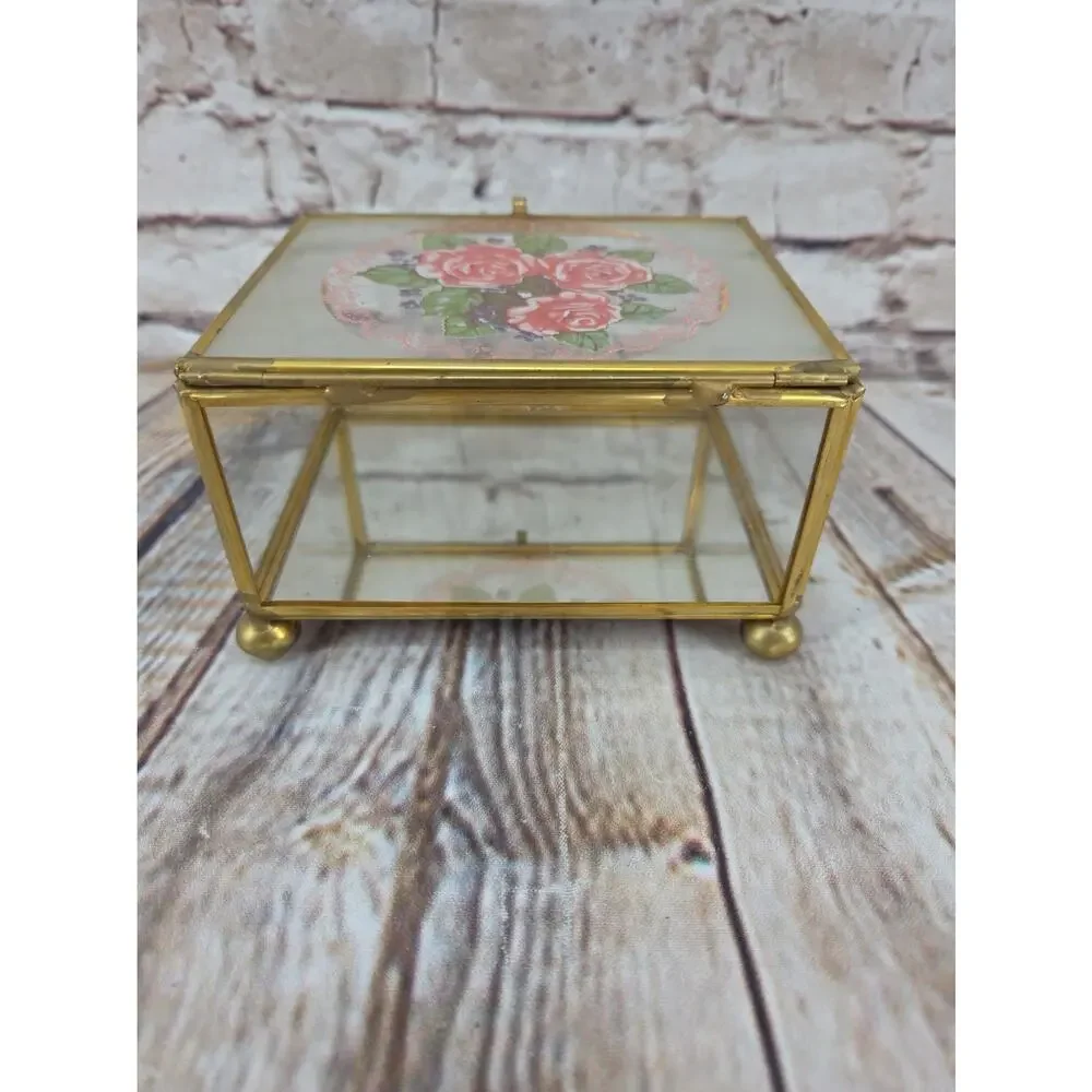 Vintage Roses Glass and Brass Jewelry Trinket Box